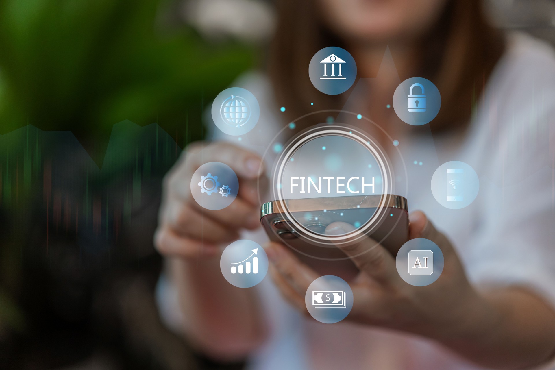 Financial technology FinTech with a business professional, banking and currency, digital transformation in financial industry, blockchain, cybersecurity, digital wallets and global financial networks